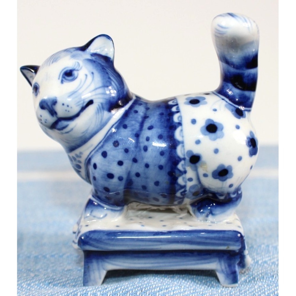 Gzhel Cat Porcelain Cobalt Blue & White Cat in clothing signed Chernovi